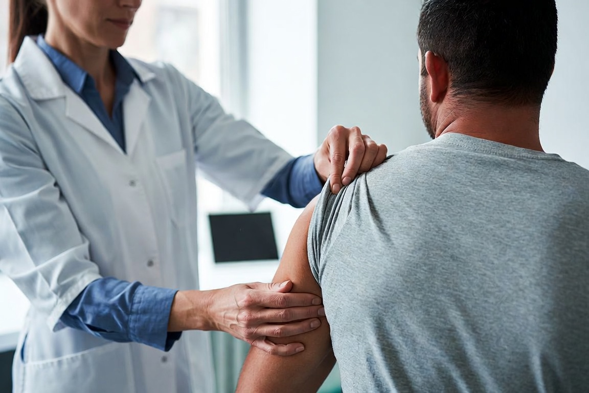 An injury care doctor examining a patient's shoulder during a consultation
