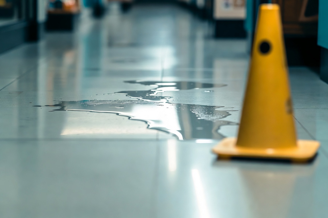 Wet floor hazard that causes slip and fall injuries