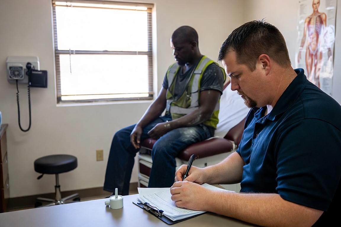 A clinician completing a workers compensation claim form while an injured worker in a high-visibility vest waits on the exam table.